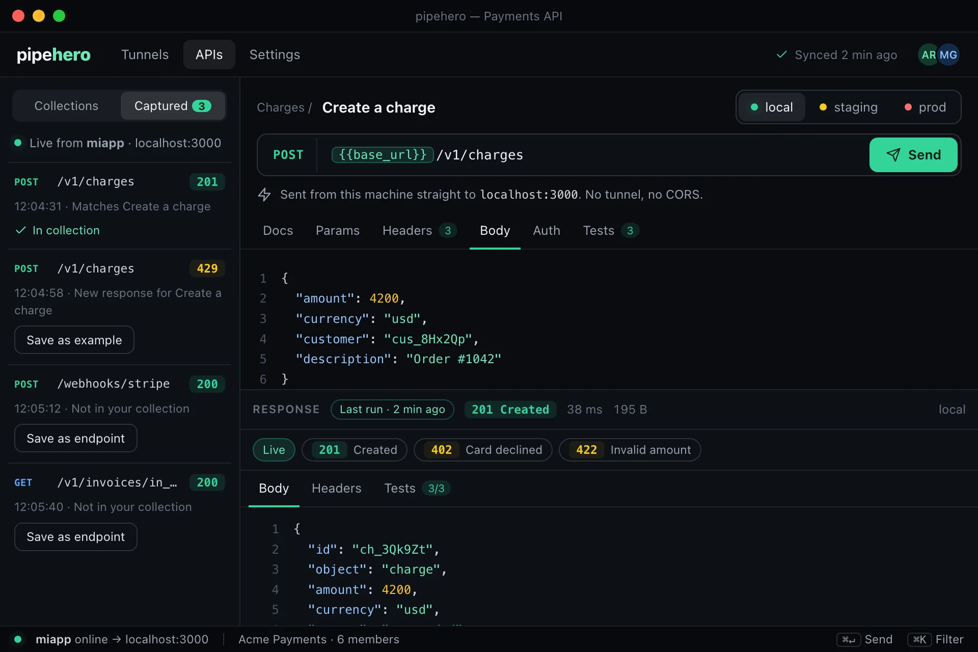 The Pipehero desktop app listing requests captured from a tunnel, each with a button to save it as an endpoint or an example