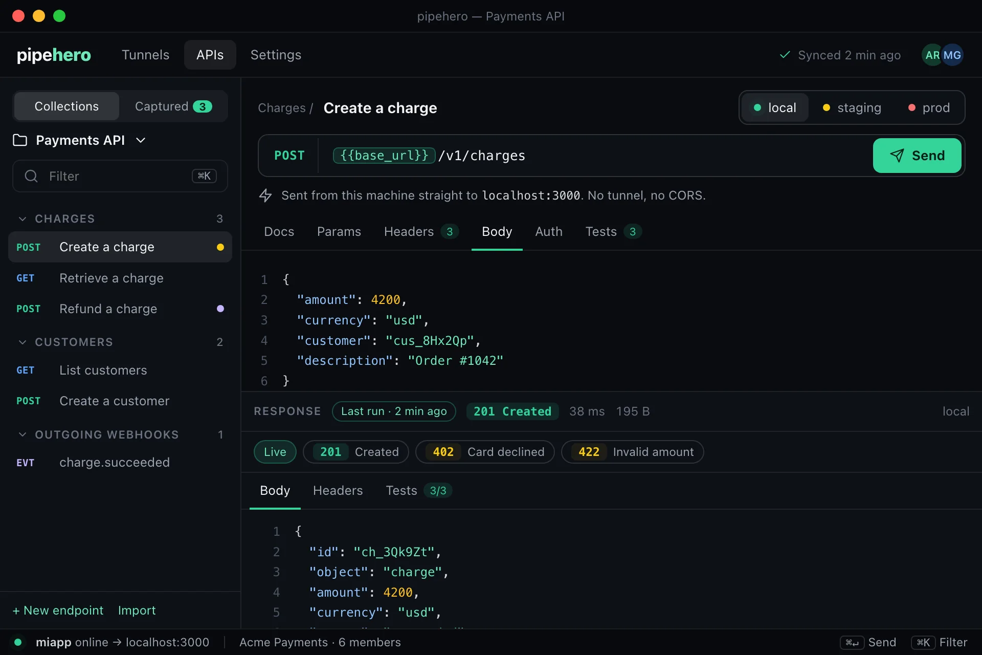 The Pipehero desktop app showing an endpoint, its environment selector and the response