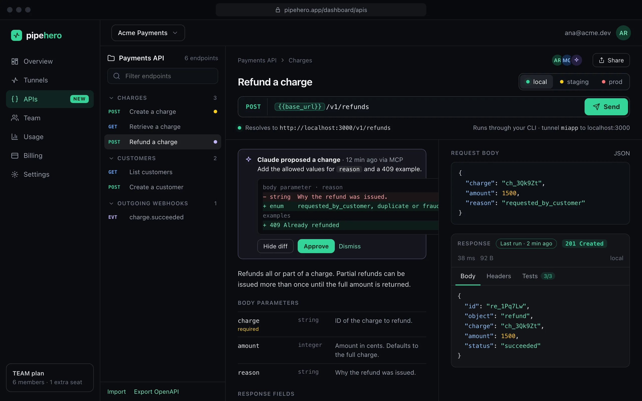 An AI agent's proposed change to the Refund a charge endpoint, shown as a diff with Review, Approve and Dismiss buttons